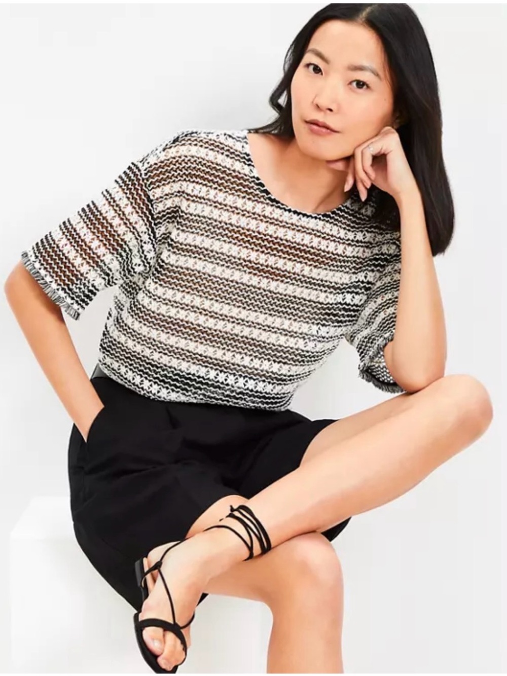 Loft Striped Crochet Modern Tee NWT